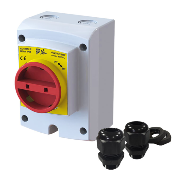 Aspen XTRA werkschakelaar 3-polig 20A IP66 met 2x M20 wartels